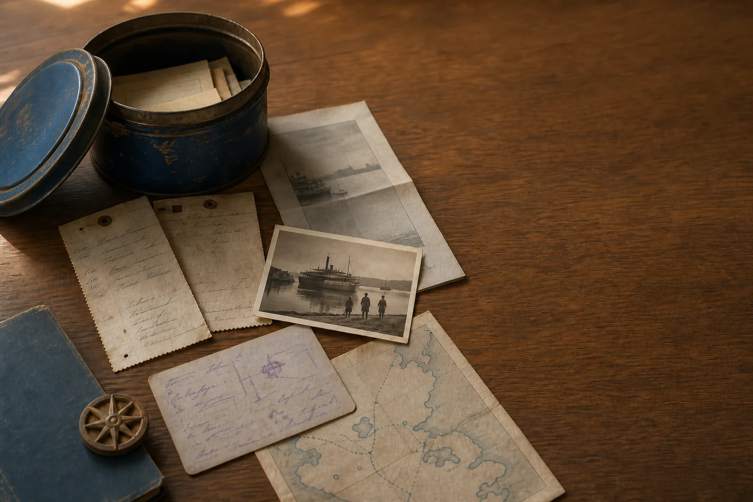 Fictional Hartwell–Mercer blue tin, ferry papers, three-person harbor photograph, violet note, and clue map