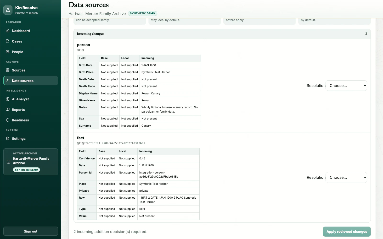 Kin Resolve review screen showing incoming synthetic GEDCOM changes and policies for conflicts and deletions.
