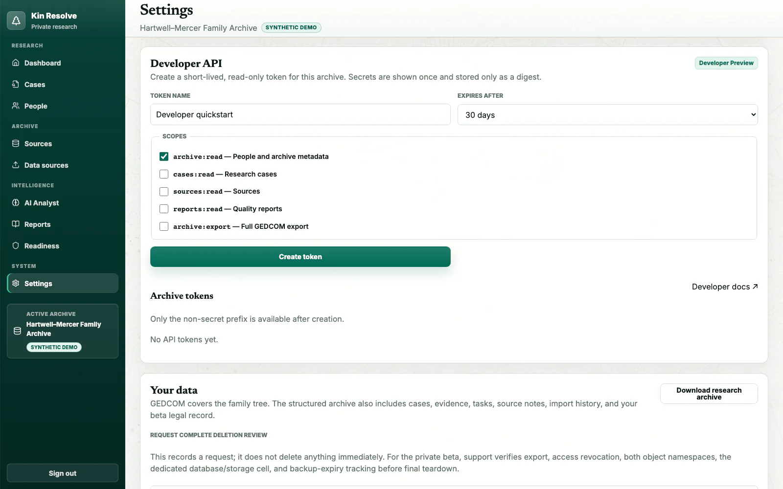 Kin Resolve developer API controls showing scoped expiring archive tokens without revealing a token secret.