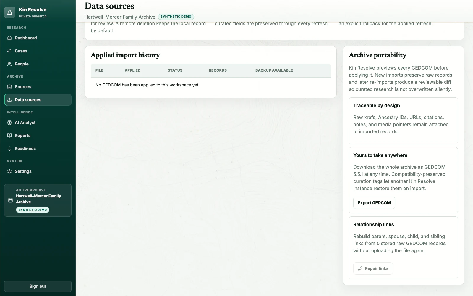 Kin Resolve archive portability panel offering a full GEDCOM export and reviewable reversible imports.