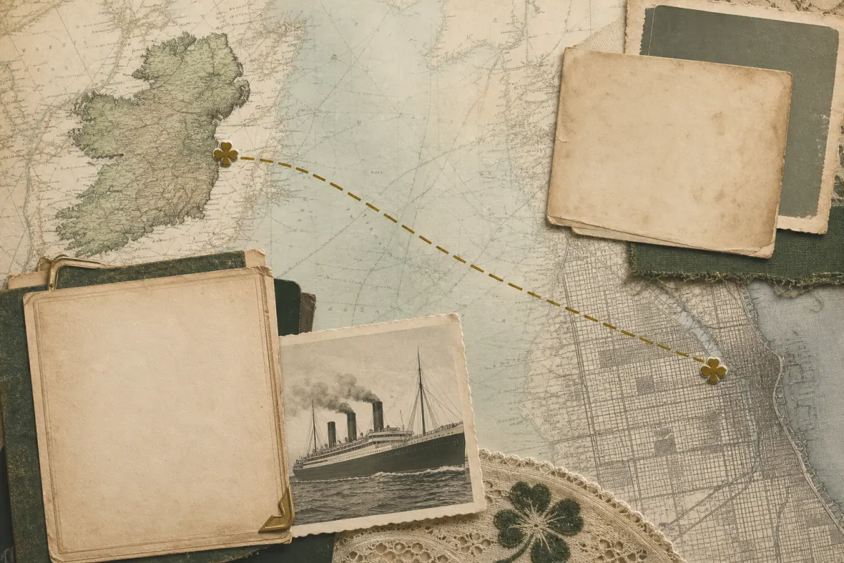 Archival collage tracing a family route from Ireland to Chicago